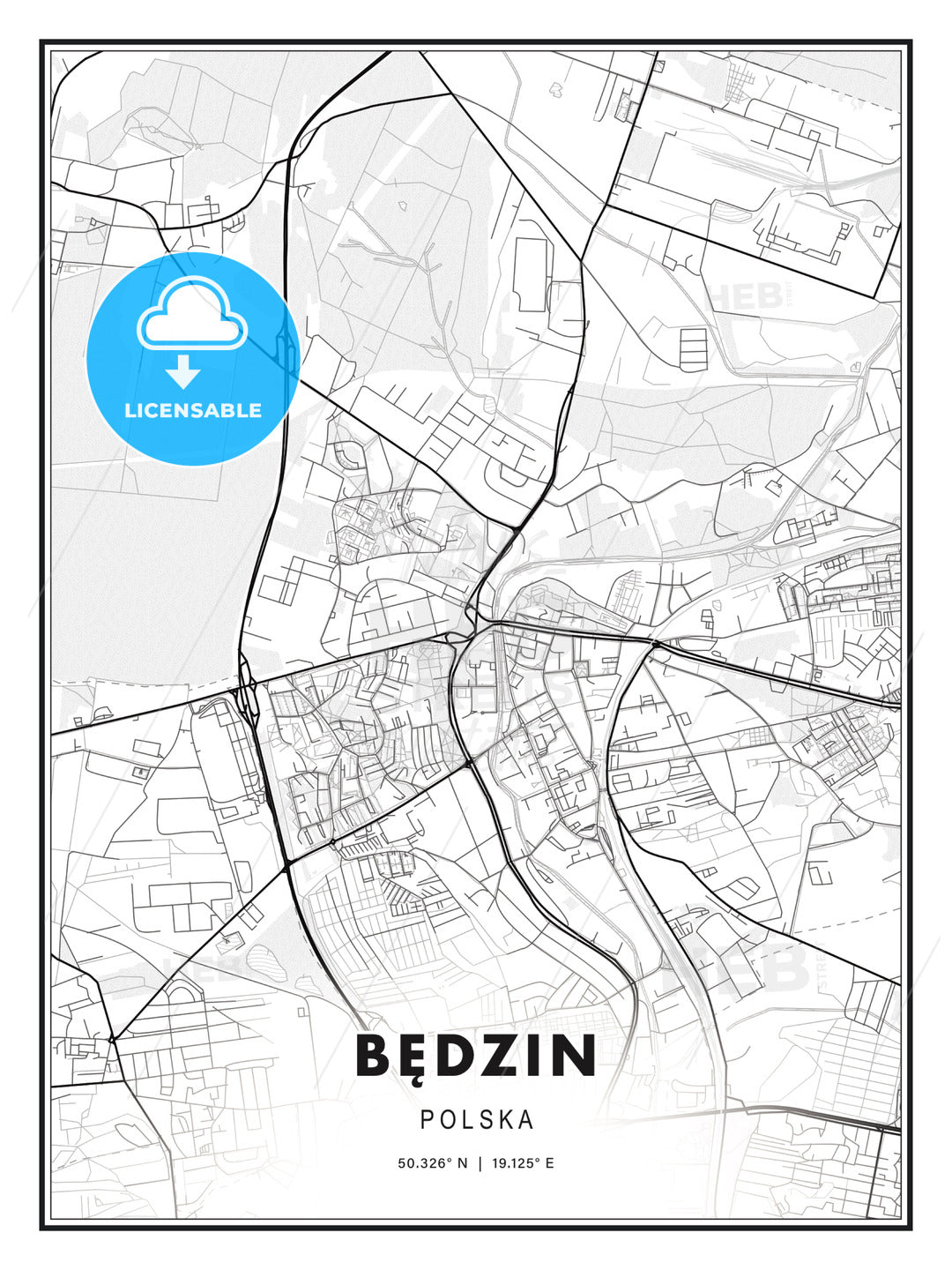 Będzin, Poland, Modern Print Template in Various Formats - HEBSTREITS Sketches