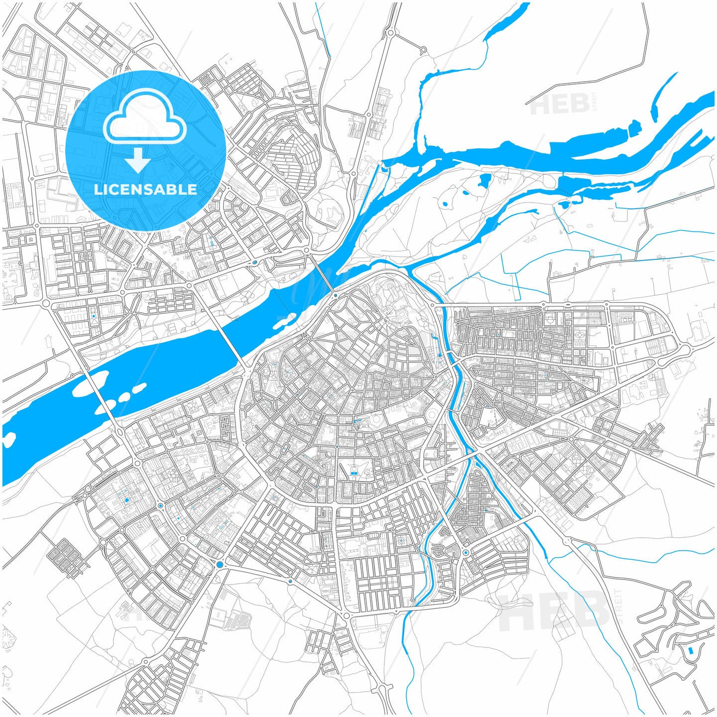 Badajoz, Spain, city map with high quality roads.