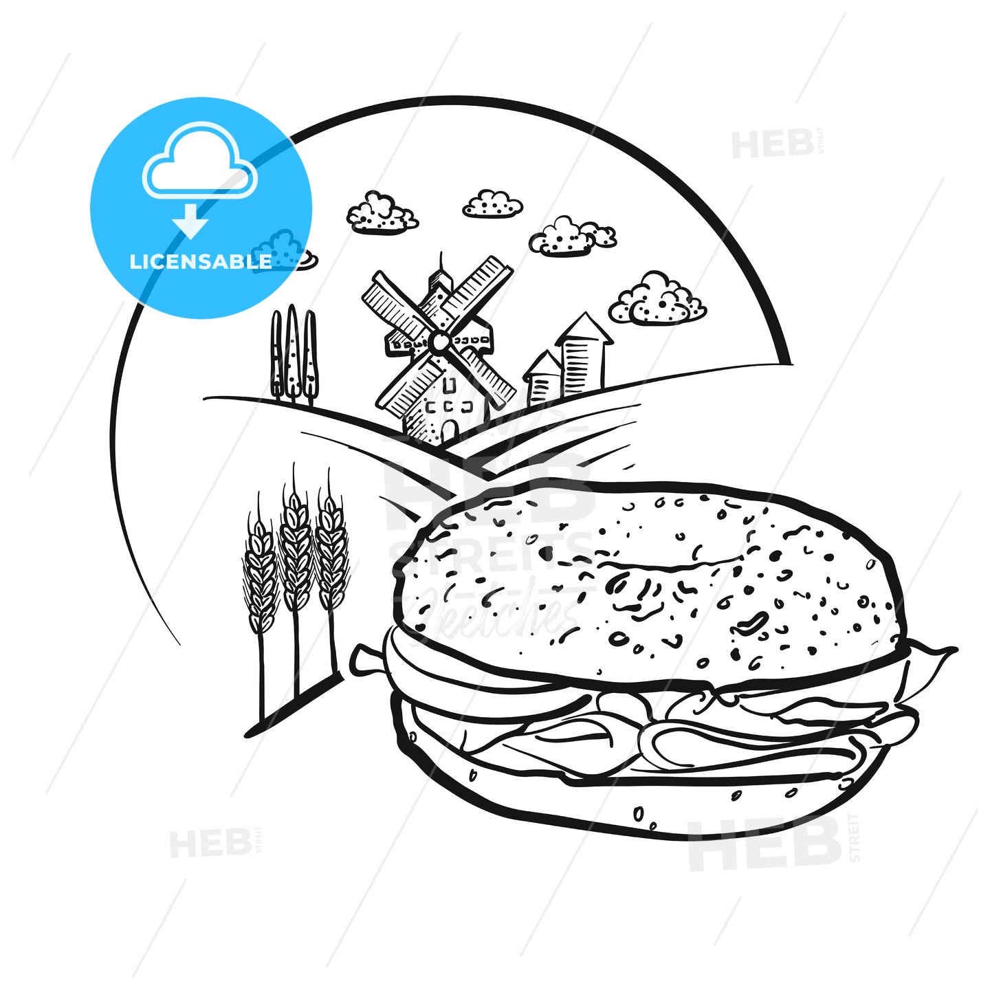 Bagel and Farm Logo Sketch. Vector label sign. – instant download