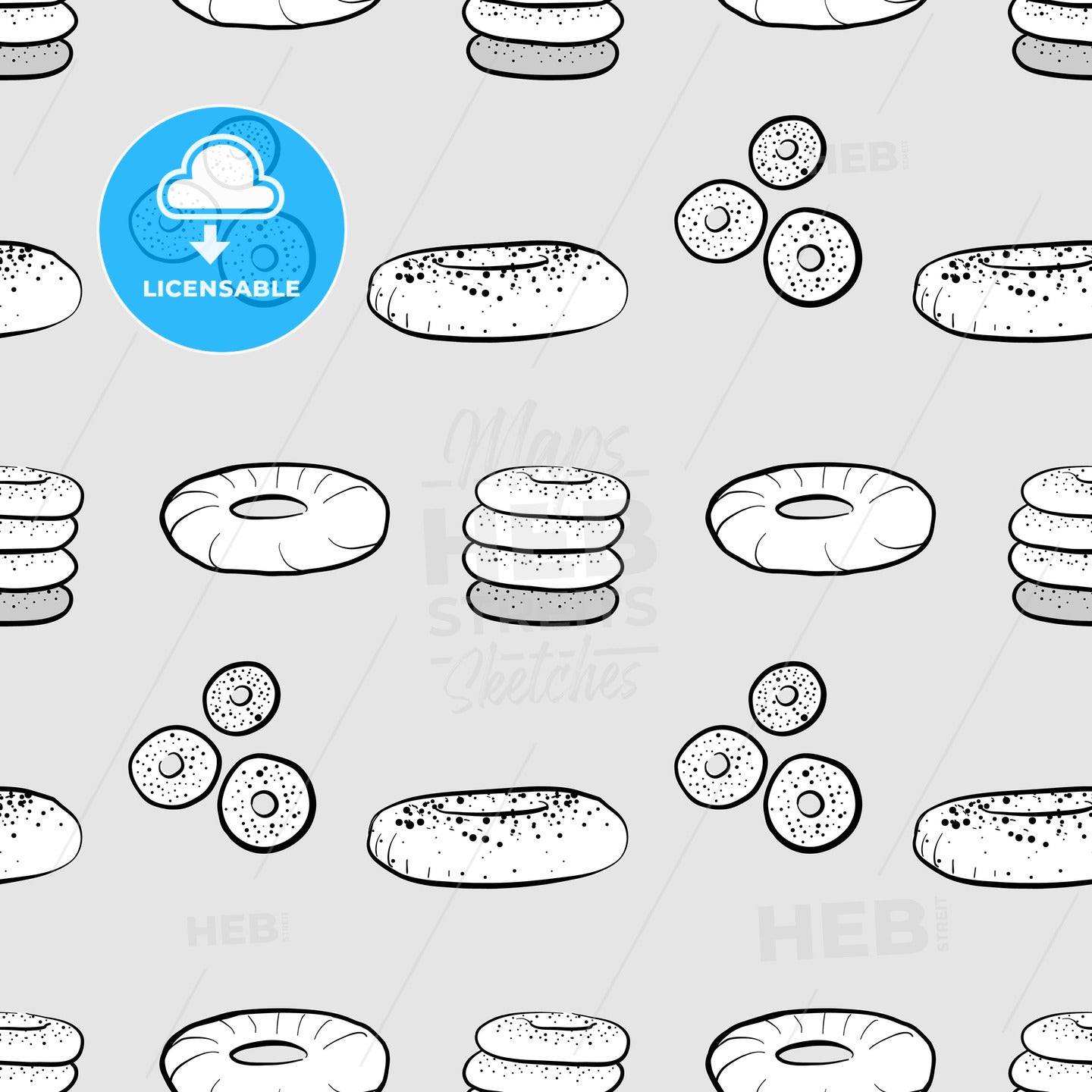 Bagel seamless pattern greyscale drawing – instant download