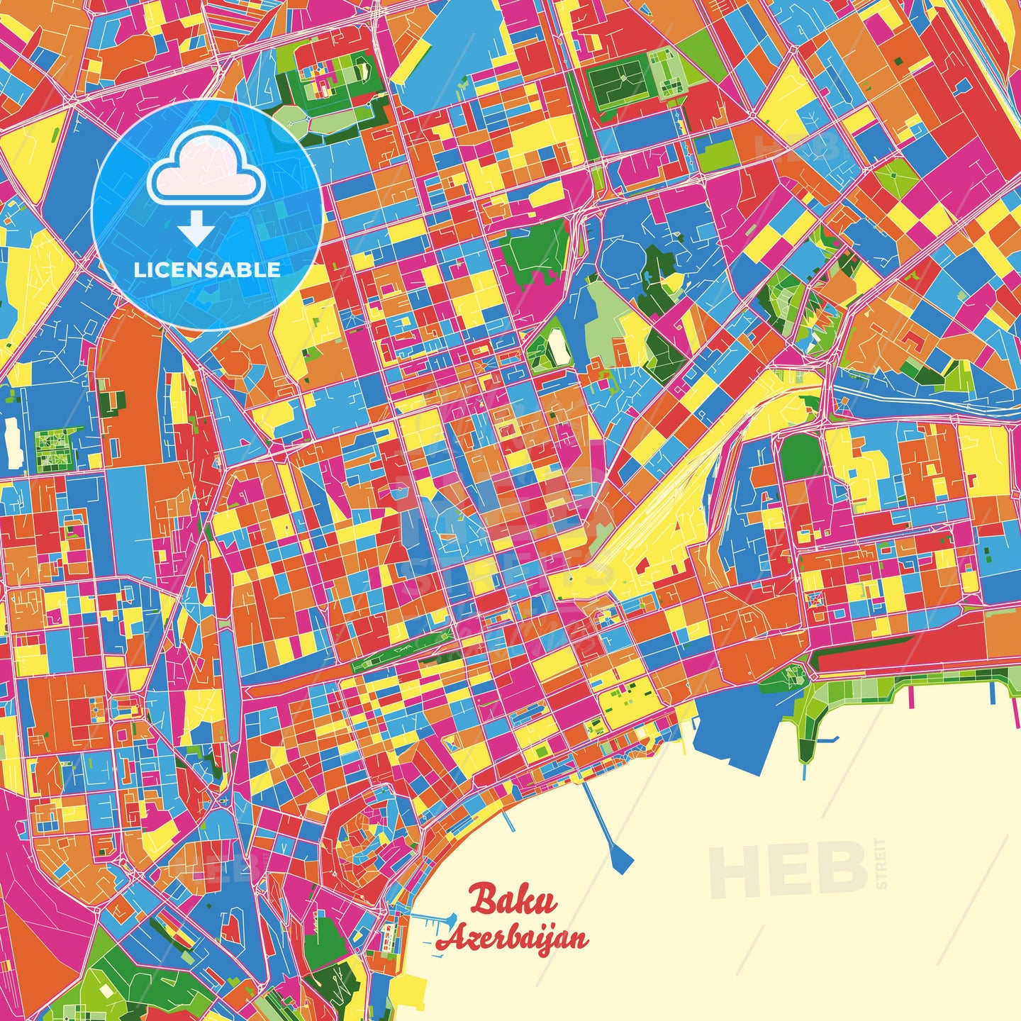 Baku, Azerbaijan Crazy Colorful Street Map Poster Template - HEBSTREITS Sketches