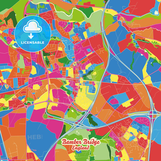 Bamber Bridge, England Crazy Colorful Street Map Poster Template - HEBSTREITS Sketches