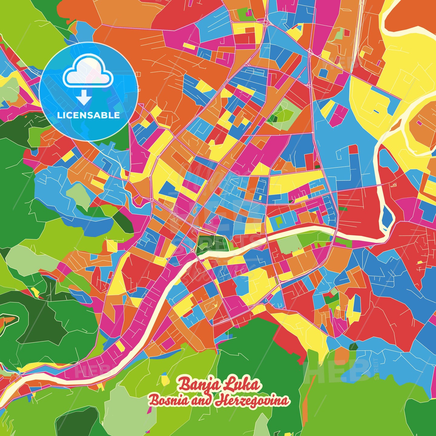 Banja Luka, Bosnia and Herzegovina Crazy Colorful Street Map Poster Template - HEBSTREITS Sketches