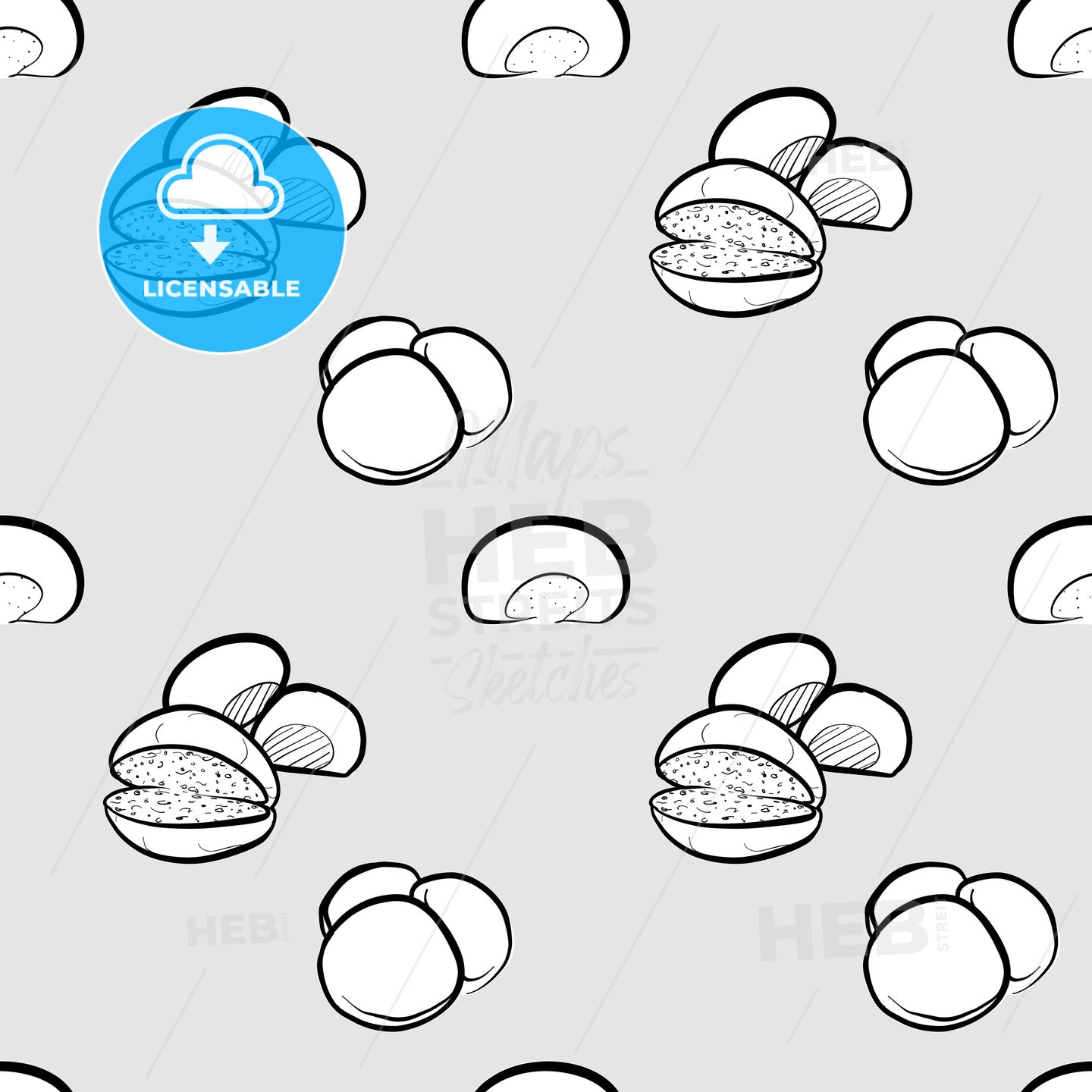 Barm cake seamless pattern greyscale drawing – instant download