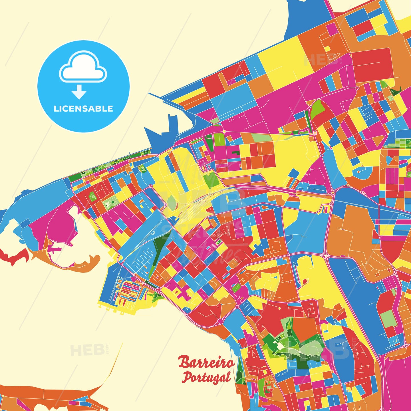 Barreiro, Portugal Crazy Colorful Street Map Poster Template - HEBSTREITS Sketches