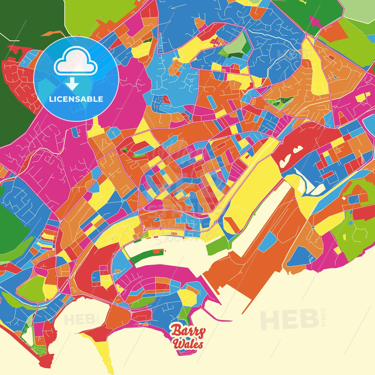 Barry, Wales Crazy Colorful Street Map Poster Template - HEBSTREITS Sketches
