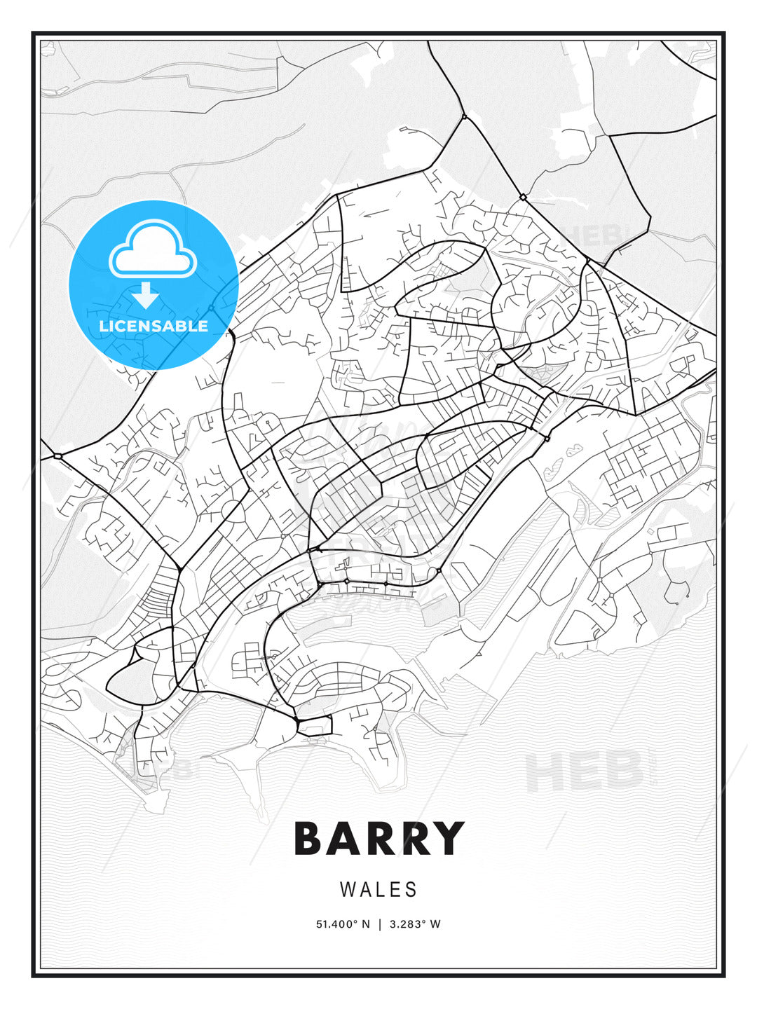 Barry, Wales, Modern Map Print Template in Various Formats - HEBSTREITS