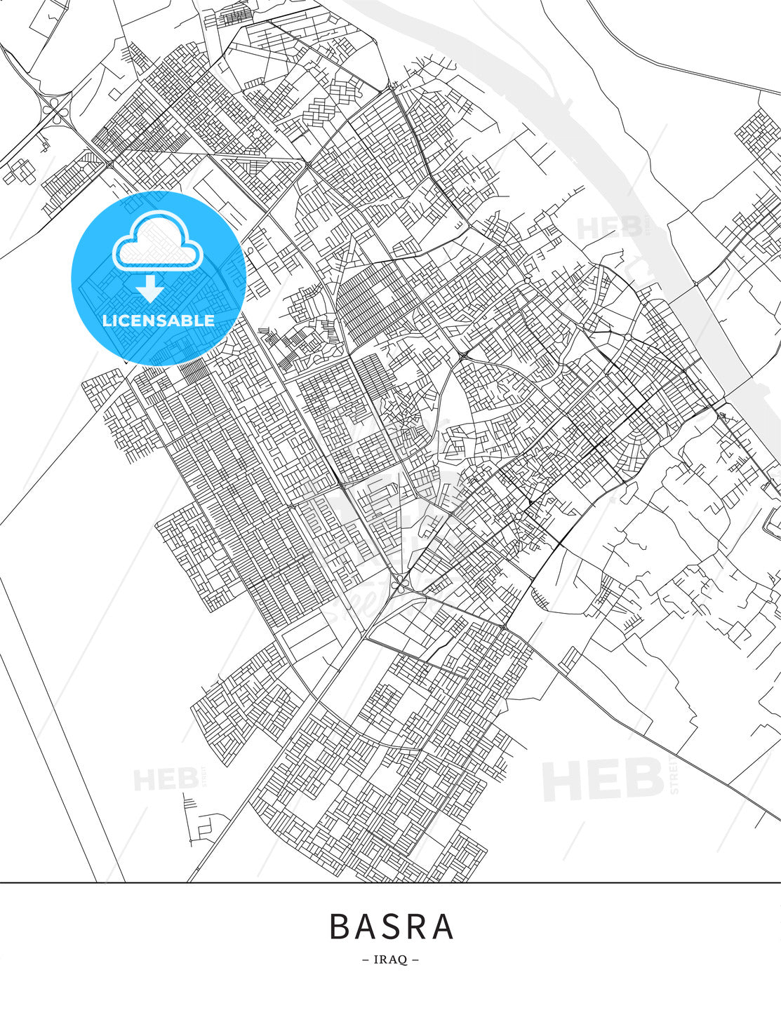 Basra, Iraq, Map poster borderless print template - HEBSTREITS