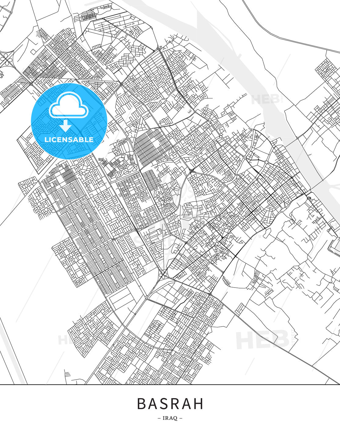 Basrah, Iraq, Map poster borderless print template - HEBSTREITS