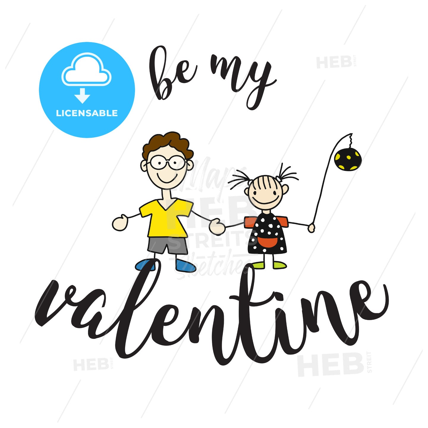 Be my Valantine Quote with two Comic Kids – instant download