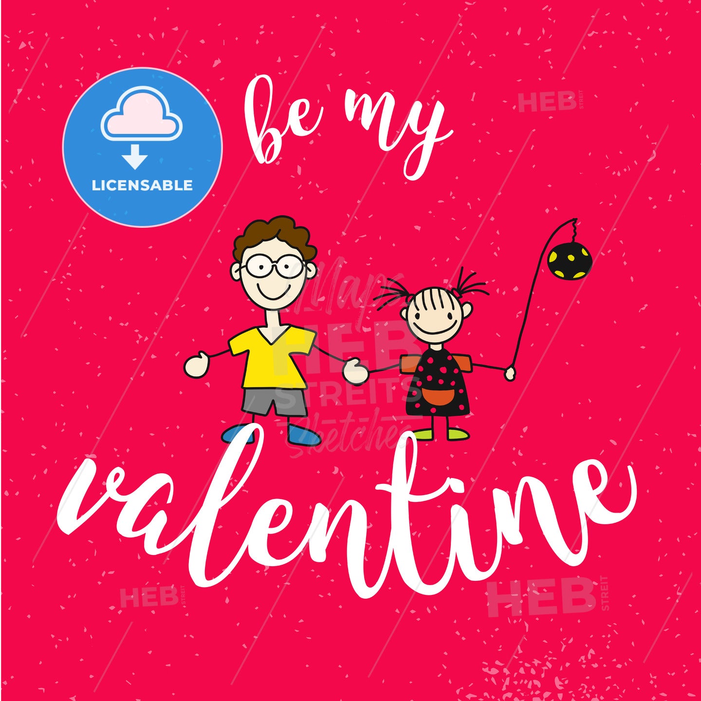 Be my Valantine Quote with two Comic Kids on Red Vintage Background – instant download