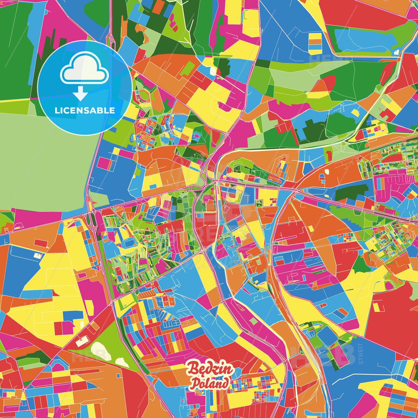 Będzin, Poland Crazy Colorful Street Map Poster Template - HEBSTREITS Sketches