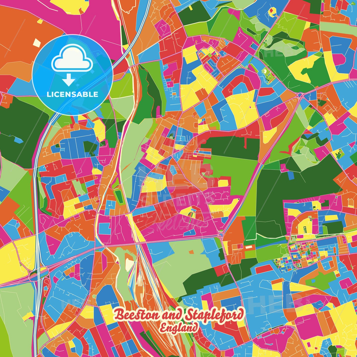 Beeston and Stapleford, England Crazy Colorful Street Map Poster Template - HEBSTREITS Sketches