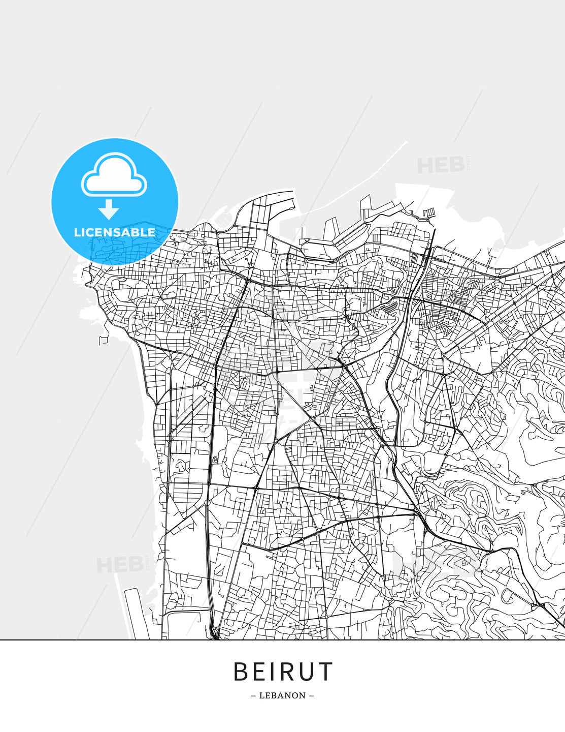 Beirut, Lebanon, Map poster borderless print template - HEBSTREITS