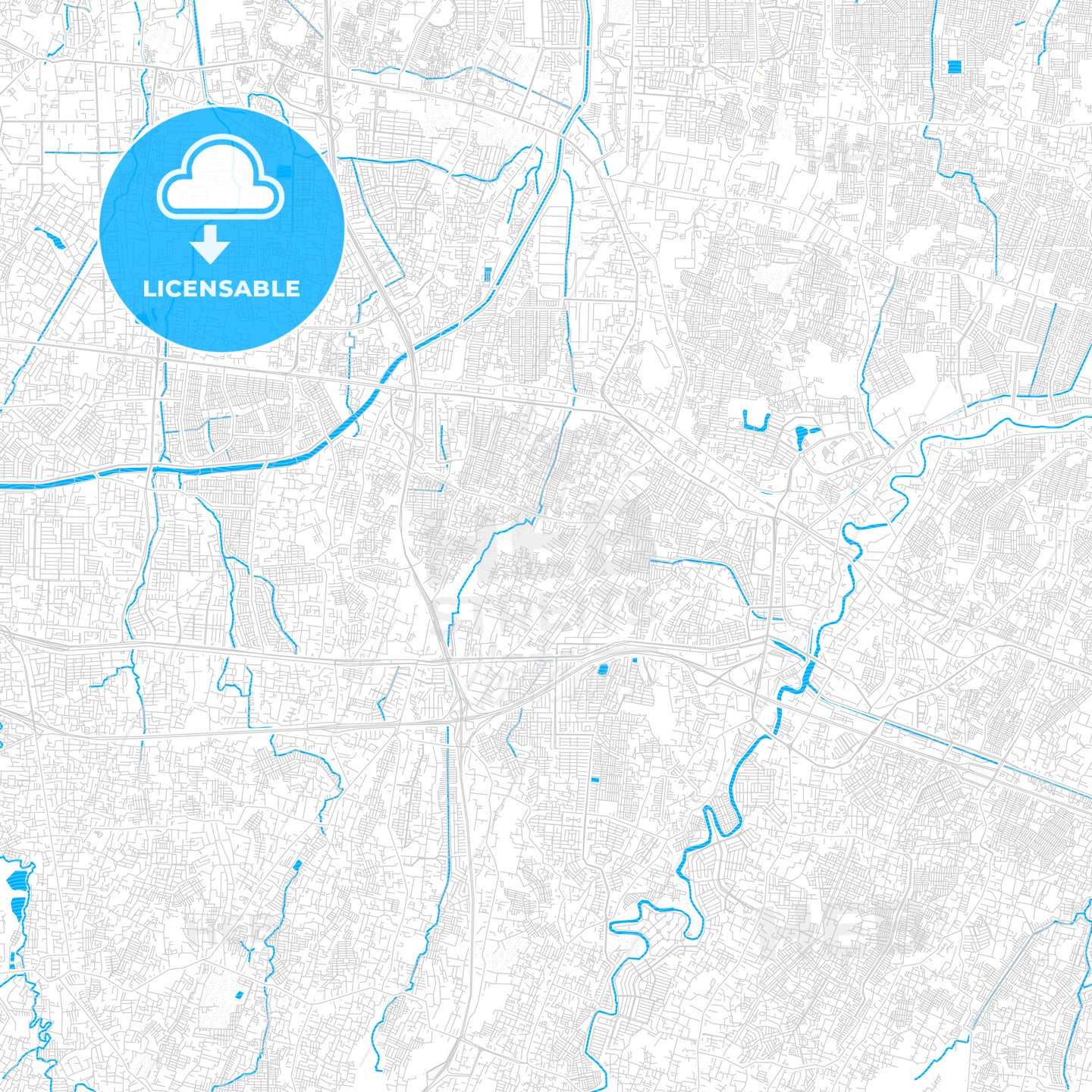Bekasi, Indonesia PDF vector map with water in focus