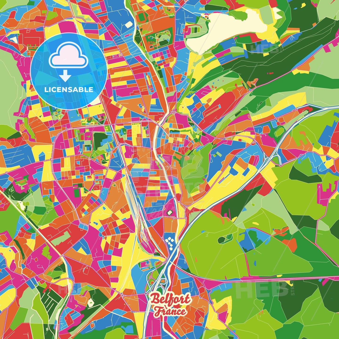Belfort, France Crazy Colorful Street Map Poster Template - HEBSTREITS Sketches