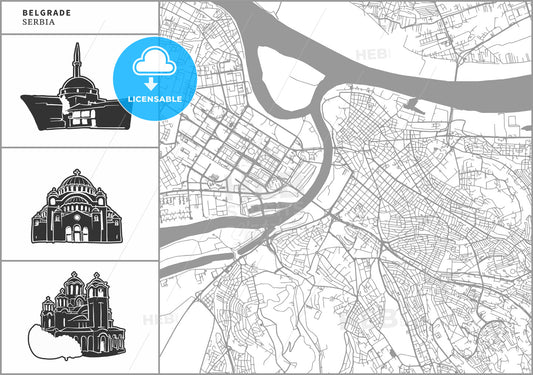 Belgrade city map with hand-drawn architecture icons