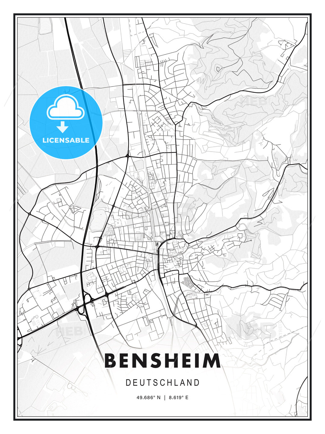 Bensheim, Germany, Modern Print Template in Various Formats - HEBSTREITS Sketches