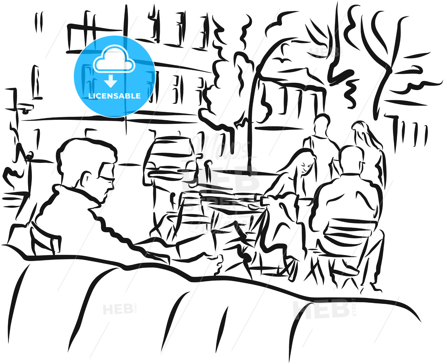 Berlin Cafe Scene Outline Sketch – instant download