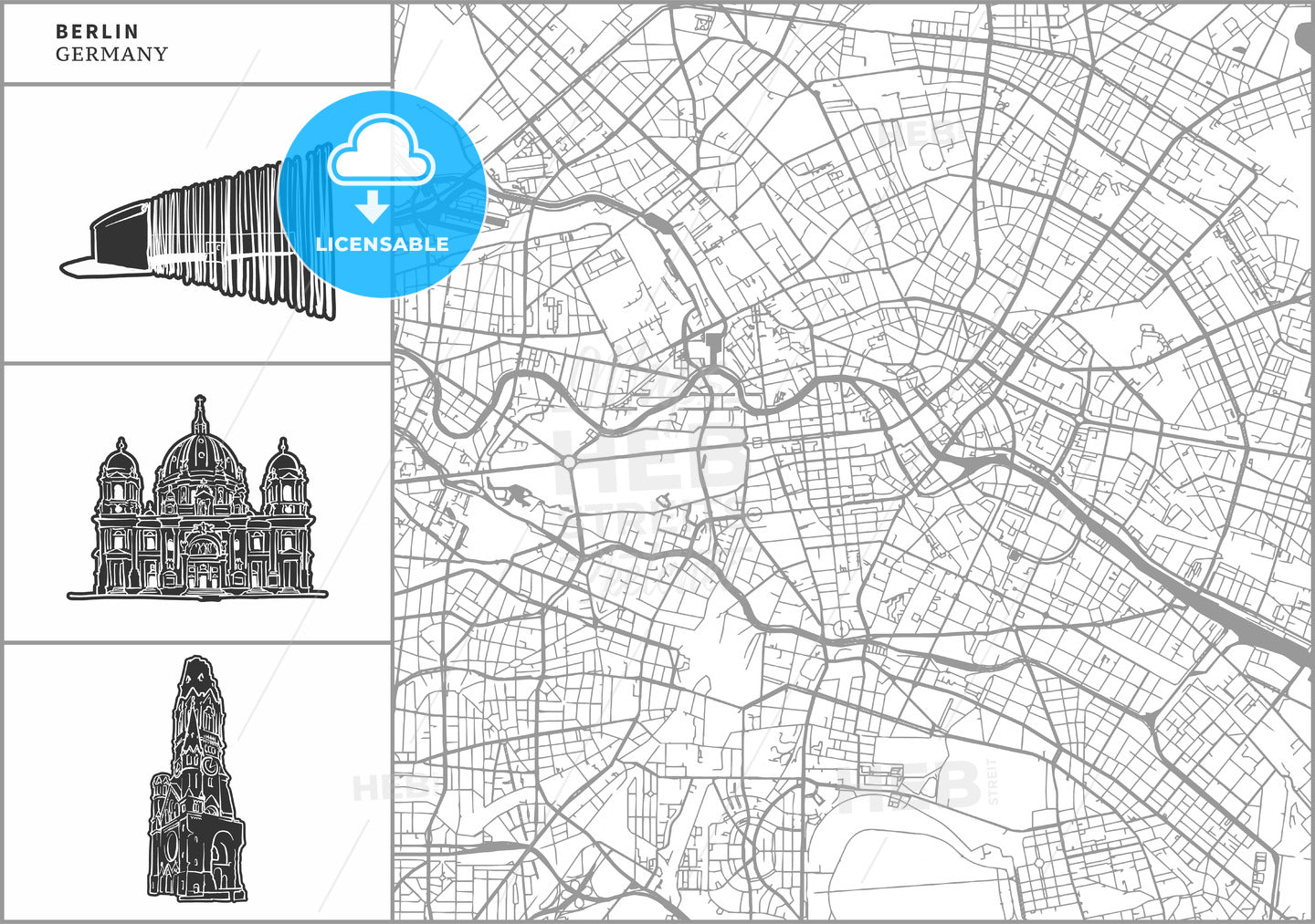 Berlin city map with hand-drawn architecture icons