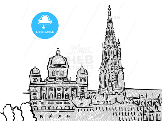 Bern, Switzerland famous Travel Sketch – instant download