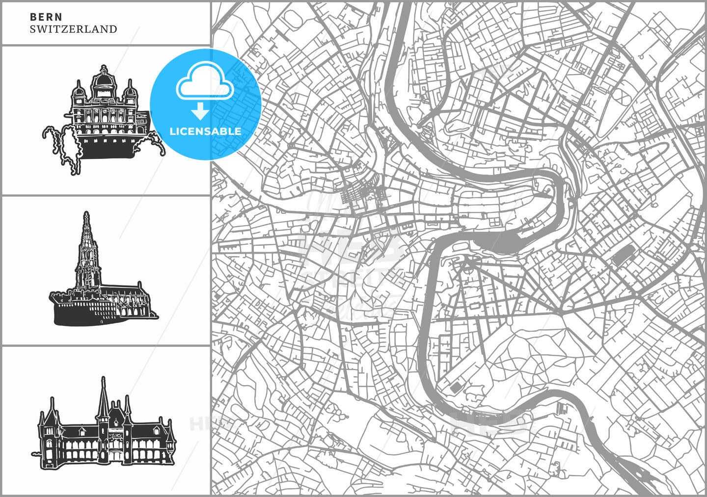 Bern city map with hand-drawn architecture icons