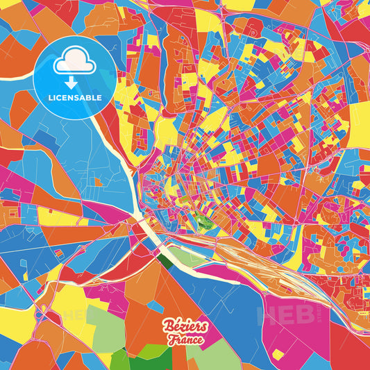 Béziers, France Crazy Colorful Street Map Poster Template - HEBSTREITS Sketches