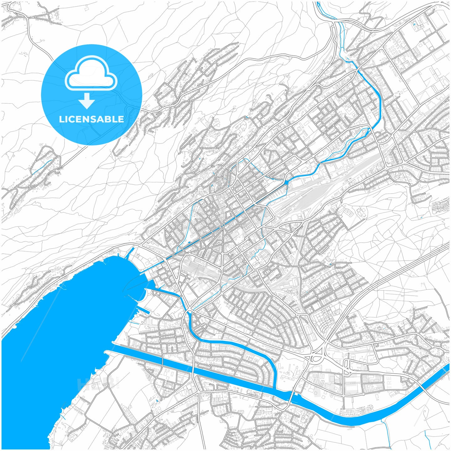 Biel/Bienne, Switzerland, city map with high quality roads.