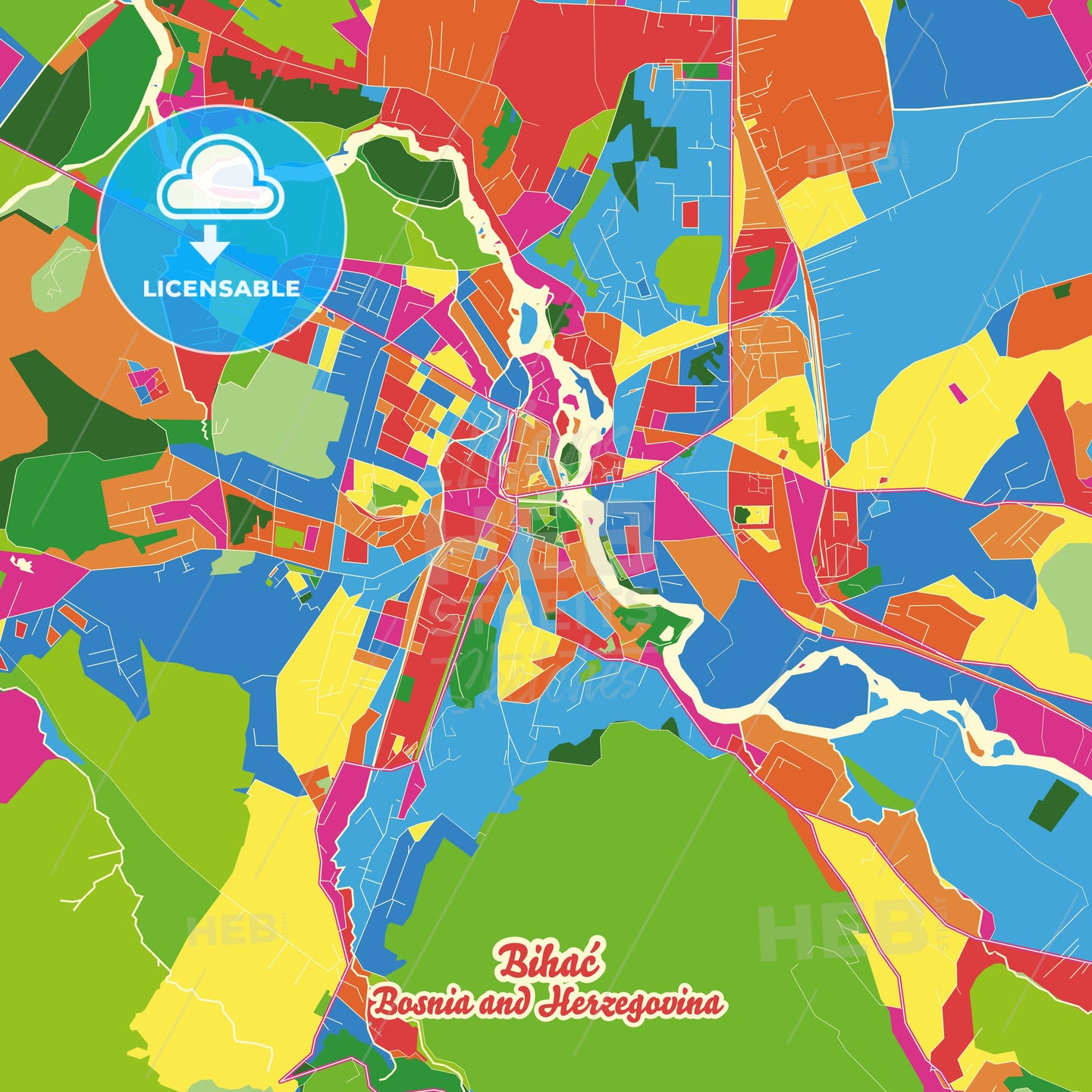 Bihać, Bosnia and Herzegovina Crazy Colorful Street Map Poster Template - HEBSTREITS Sketches