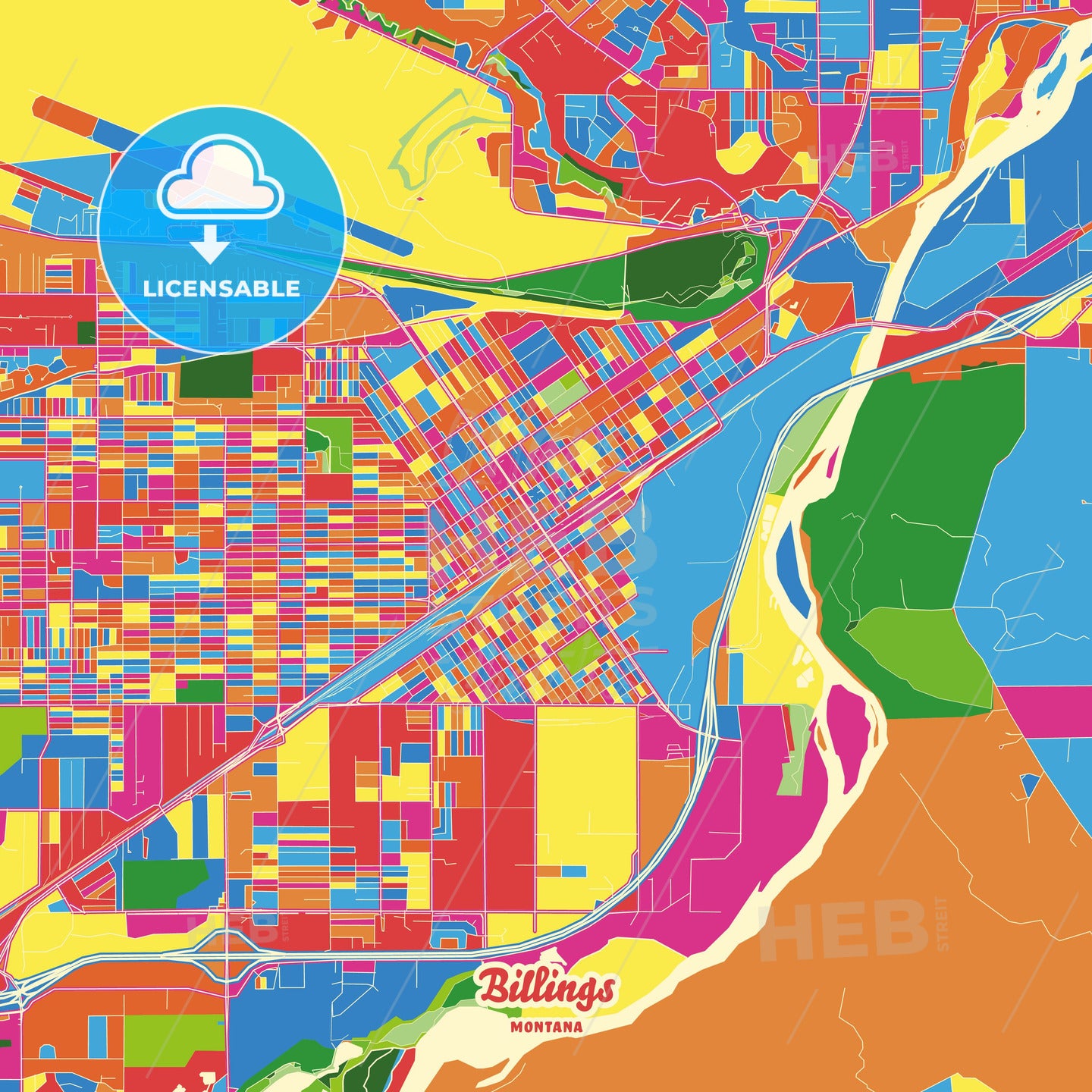 Billings, United States Crazy Colorful Street Map Poster Template - HEBSTREITS Sketches