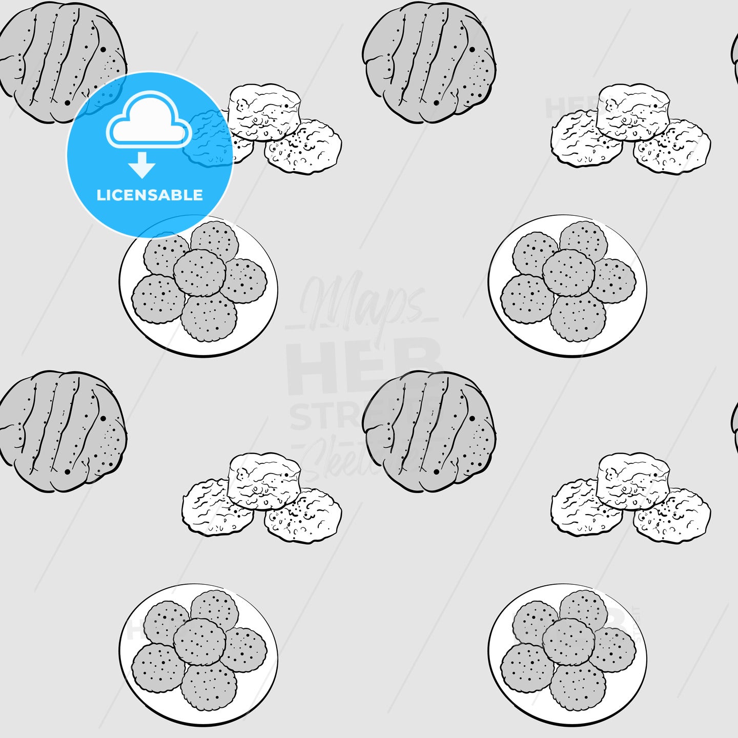 Biscuit seamless pattern greyscale drawing – instant download