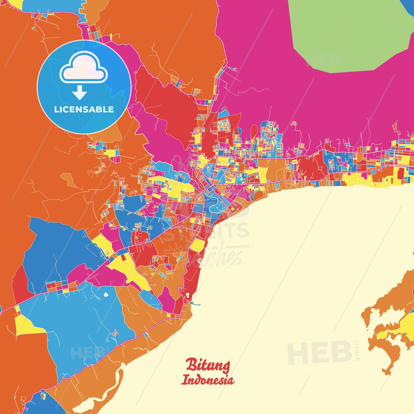 Bitung, Indonesia Crazy Colorful Street Map Poster Template - HEBSTREITS Sketches
