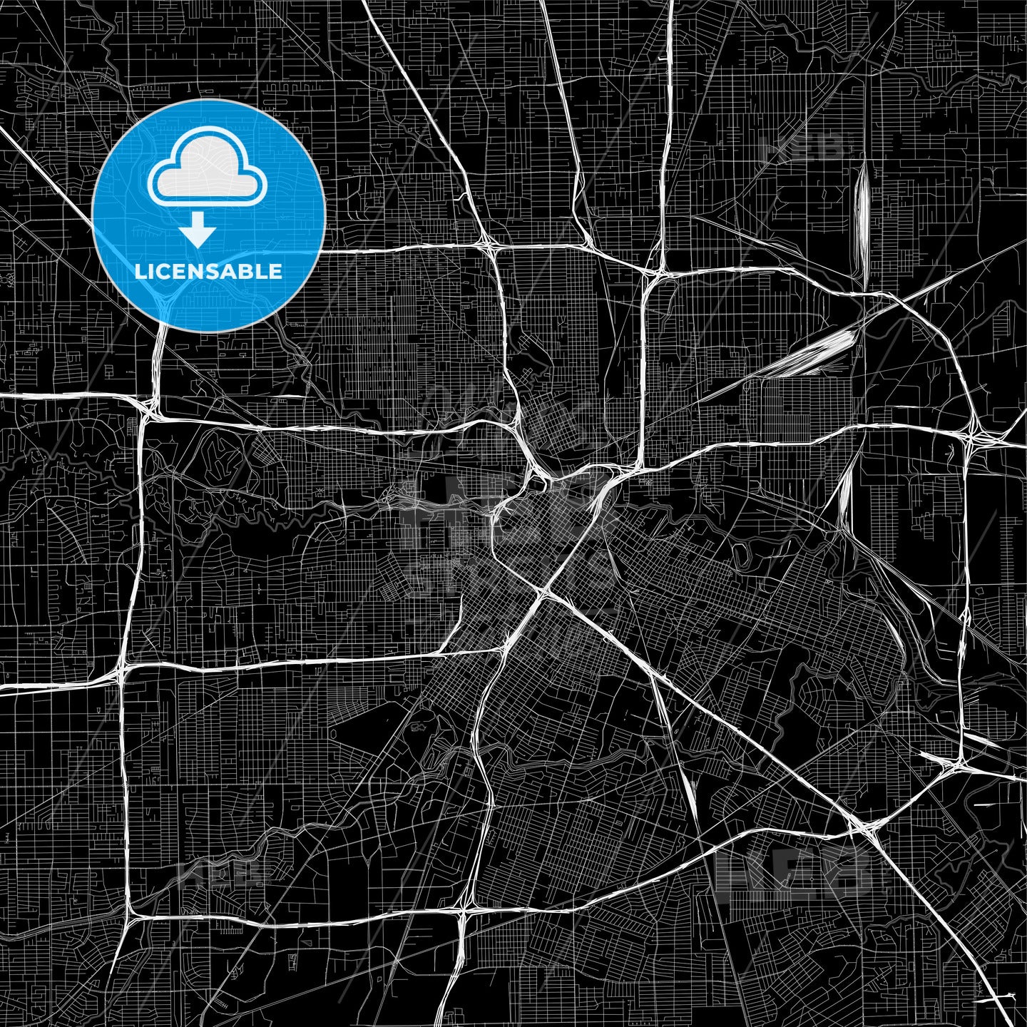 Black downtown map of Houston, Texas