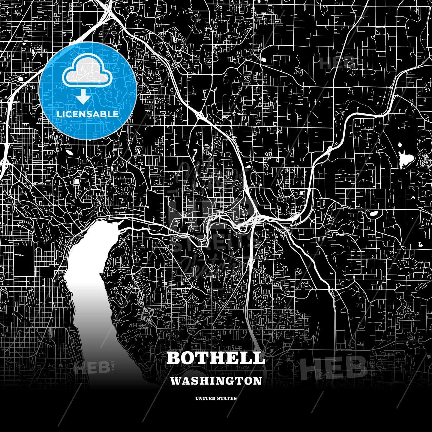 Black map poster template of Bothell, Washington, USA - HEBSTREITS