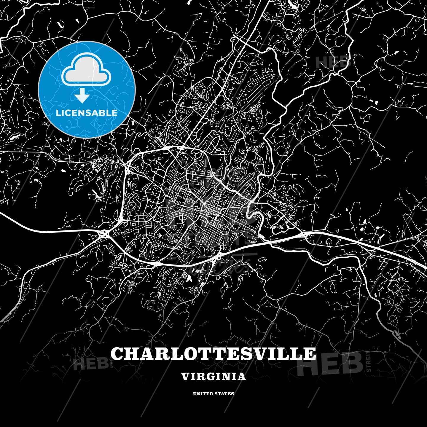 Black map poster template of Charlottesville, Virginia, USA - HEBSTREITS