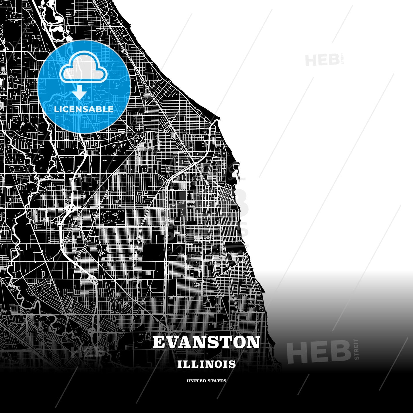 Black Map Poster Template Of Evanston Illinois Usa Hebstreits 2662