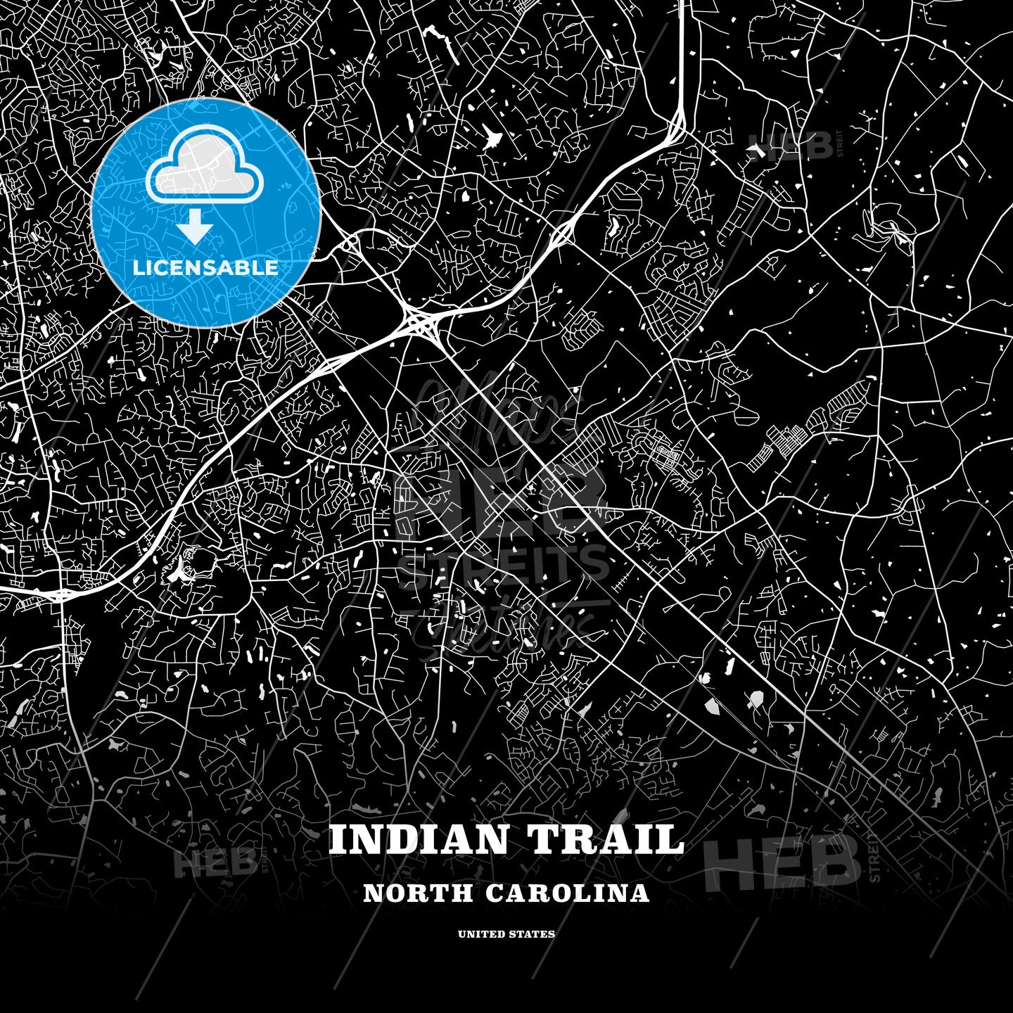 Black Map Poster Template Of Indian Trail, North Carolina, Usa – HEBSTREITS