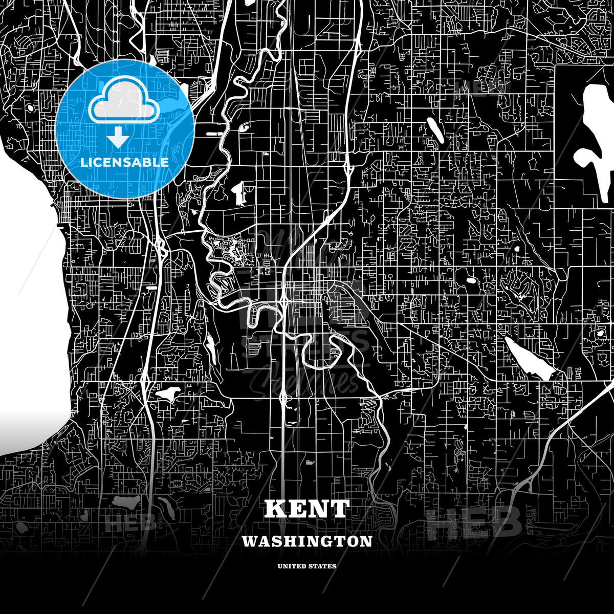 Kent Wa Black map poster template of Kent, Washington, USA - HEBSTREITS
