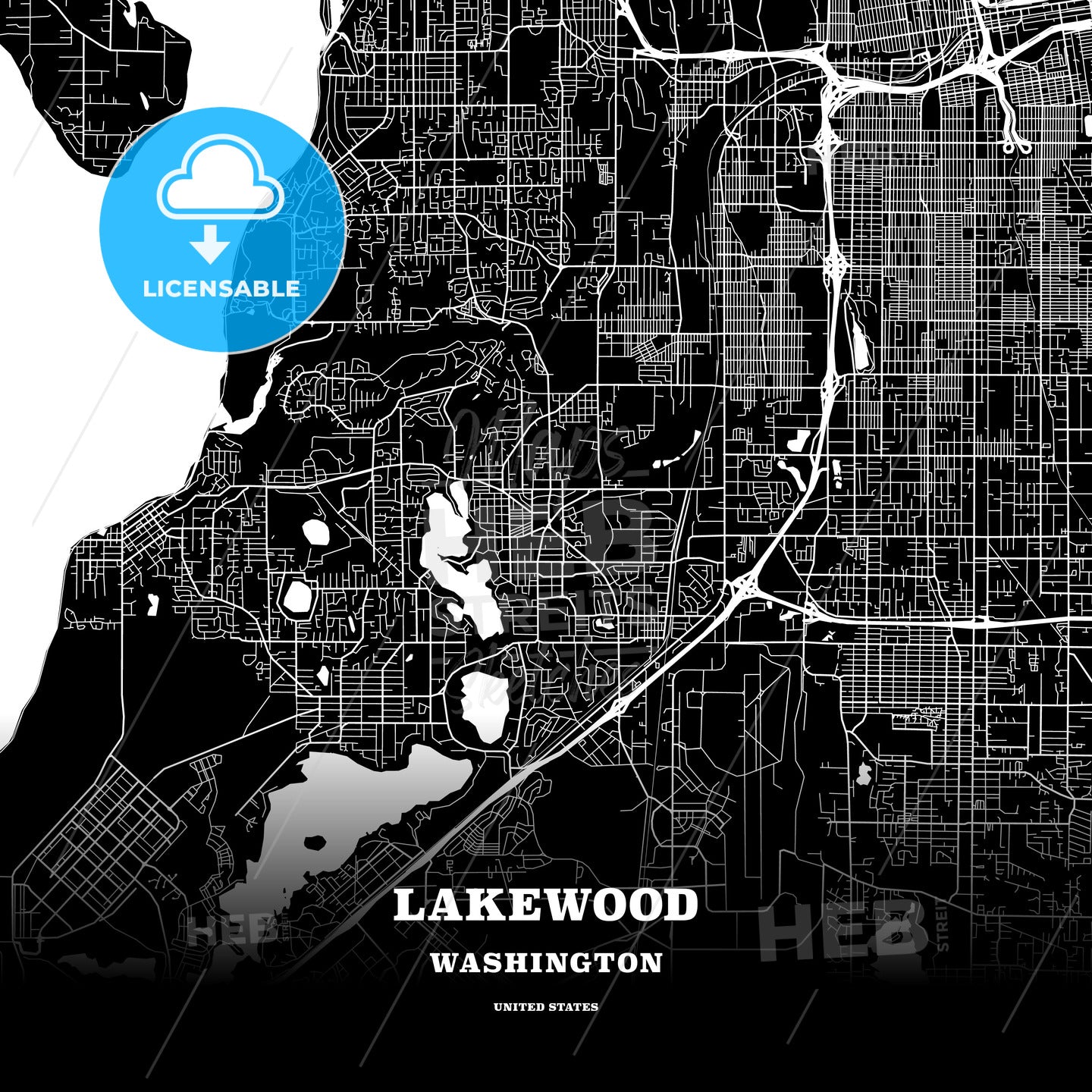 Black Map Poster Template Of Lakewood, Washington, Usa – HEBSTREITS