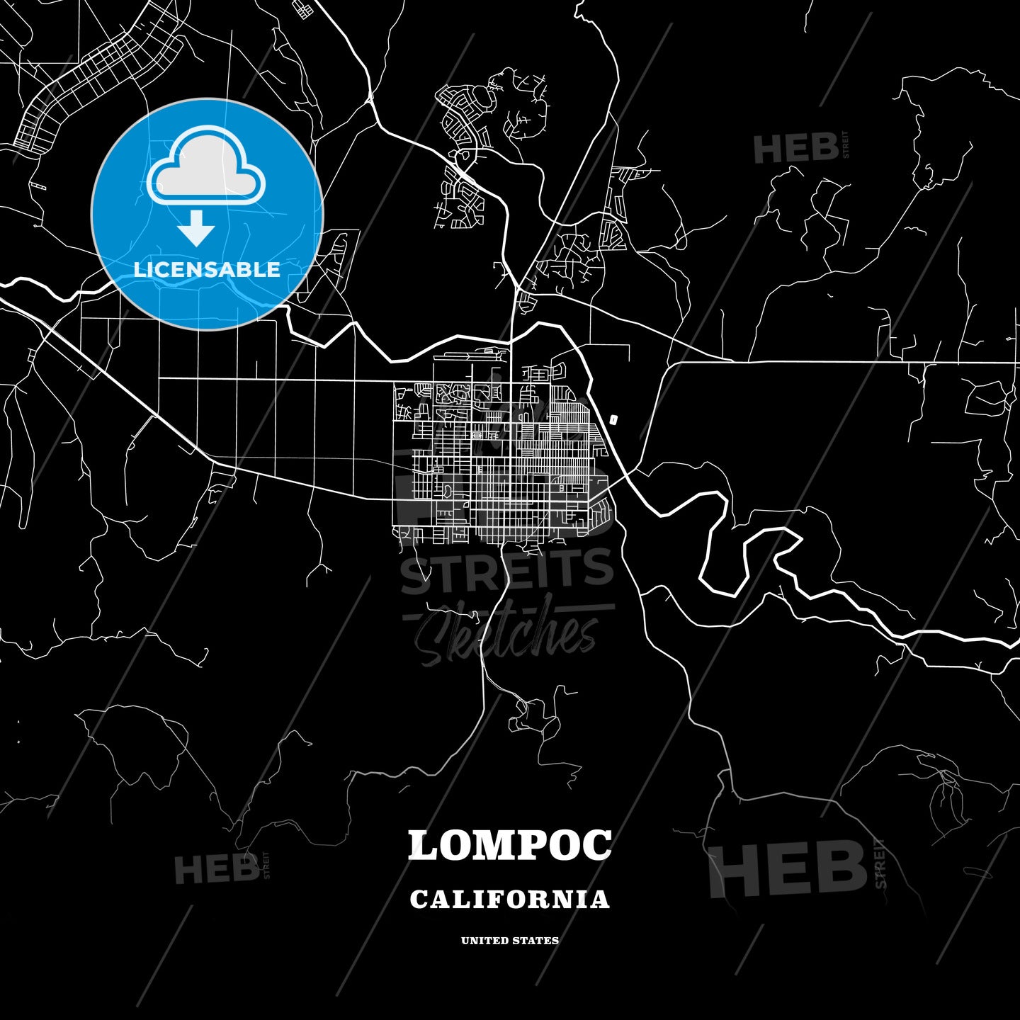 Black Map Poster Template Of Lompoc, California, Usa – HEBSTREITS