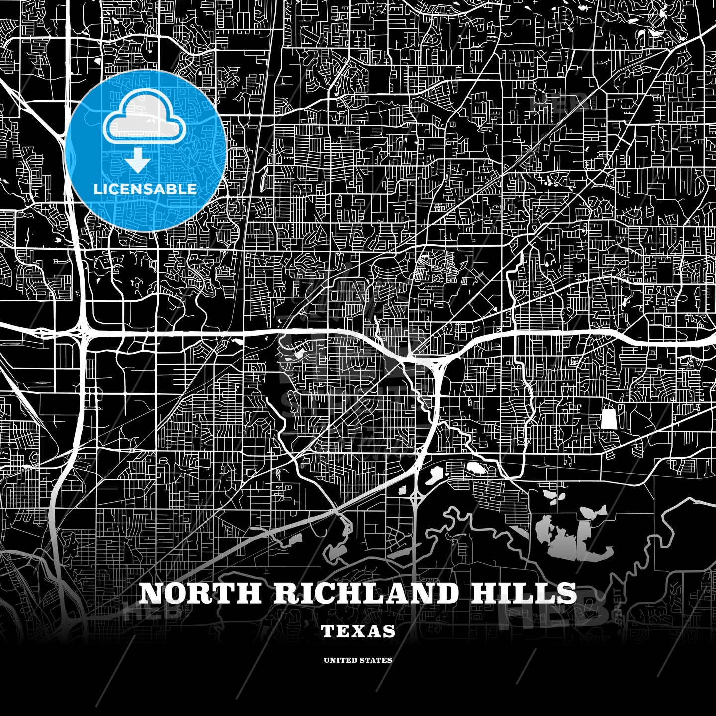 Black map poster template of North Richland Hills, Texas, USA - HEBSTREITS