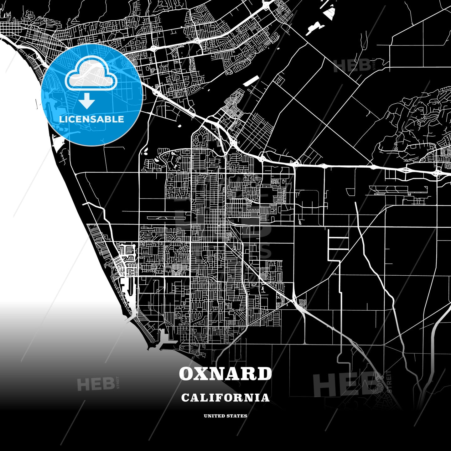 Black Map Poster Template Of Oxnard, California, Usa – HEBSTREITS