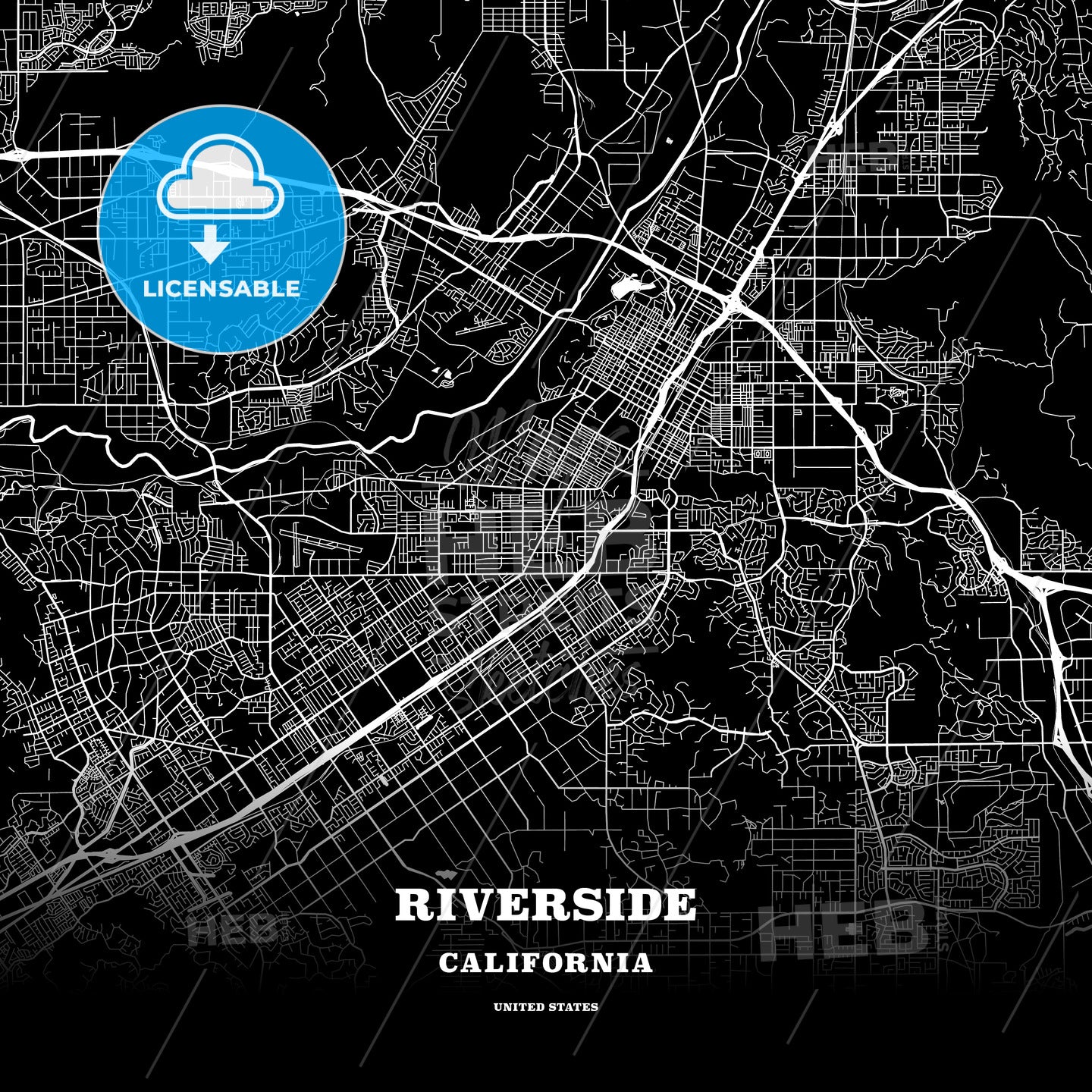 Black map poster template of Riverside, California, USA - HEBSTREITS