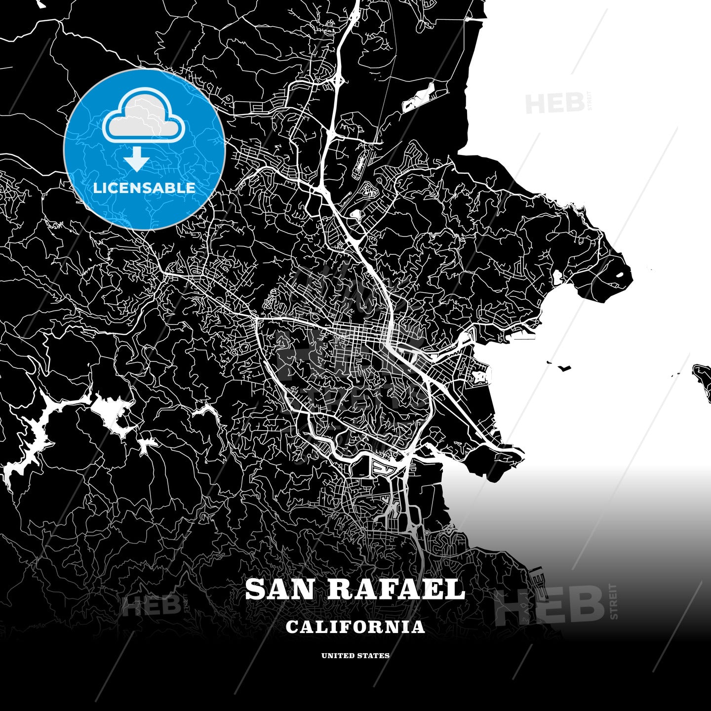 Black map poster template of San Rafael, California, USA - HEBSTREITS