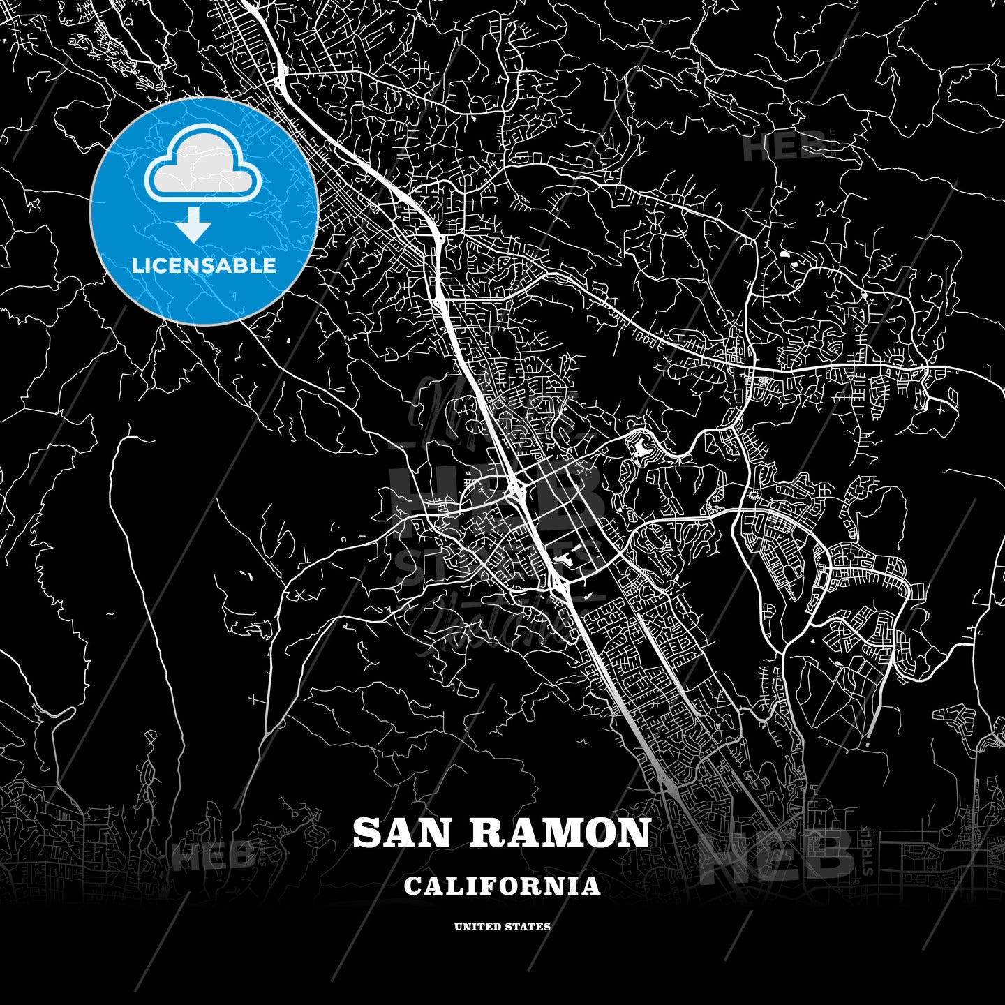 Black map poster template of San Ramon, California, USA - HEBSTREITS