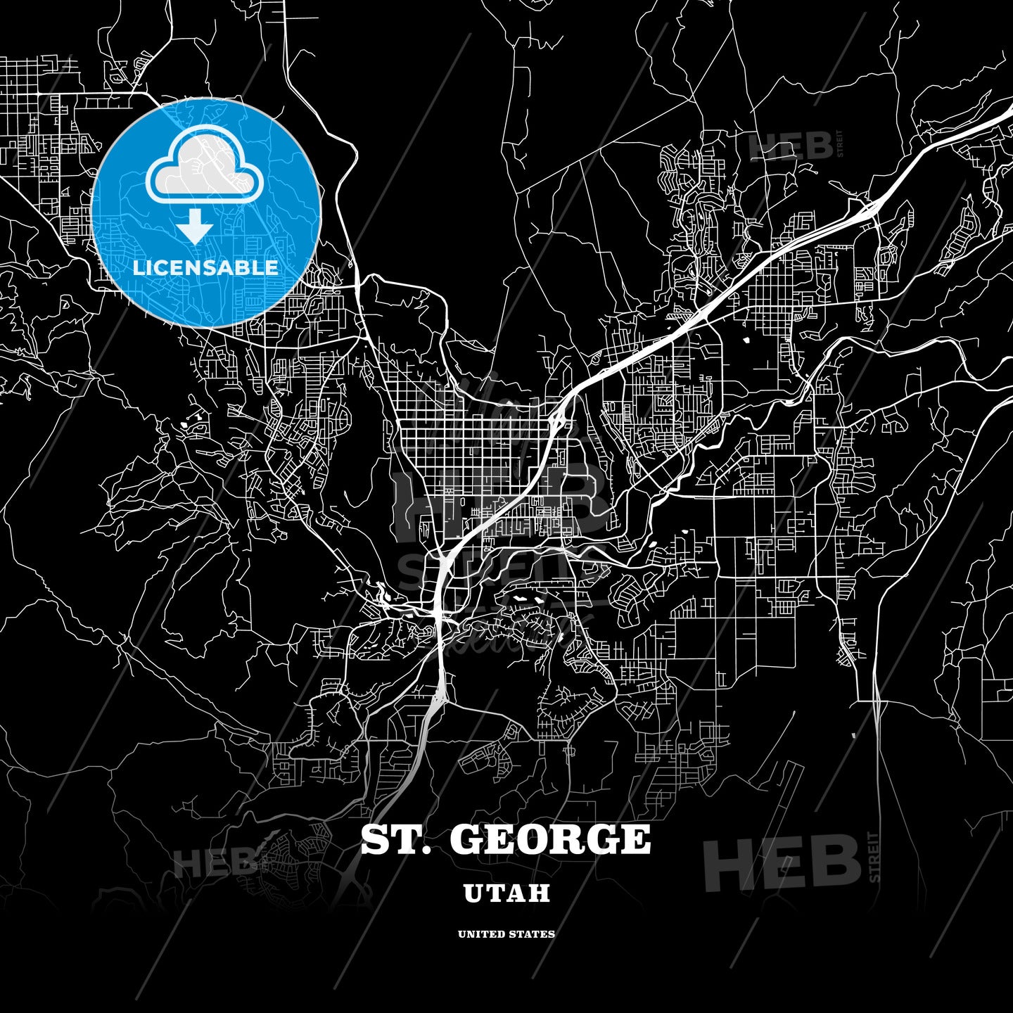Black map poster template of St. George, Utah, USA - HEBSTREITS