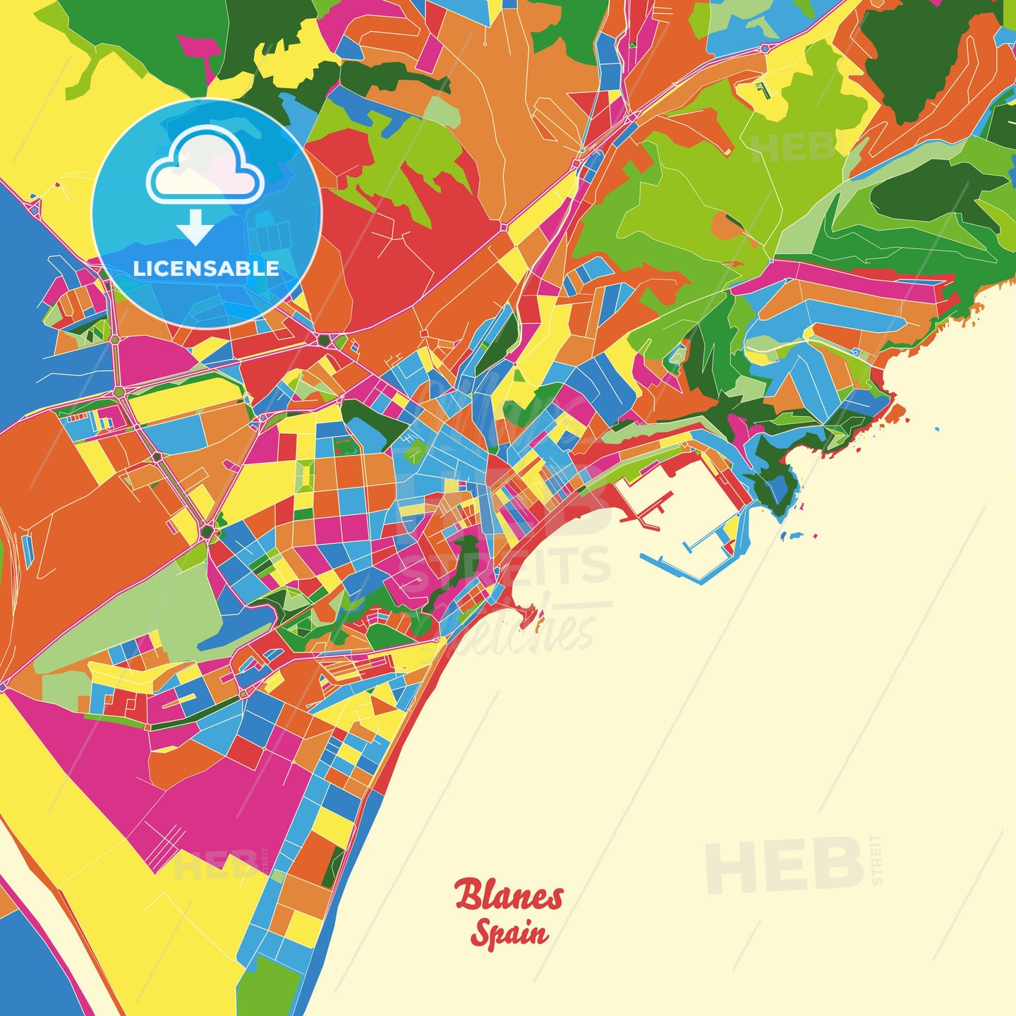 Blanes, Spain Crazy Colorful Street Map Poster Template - HEBSTREITS Sketches