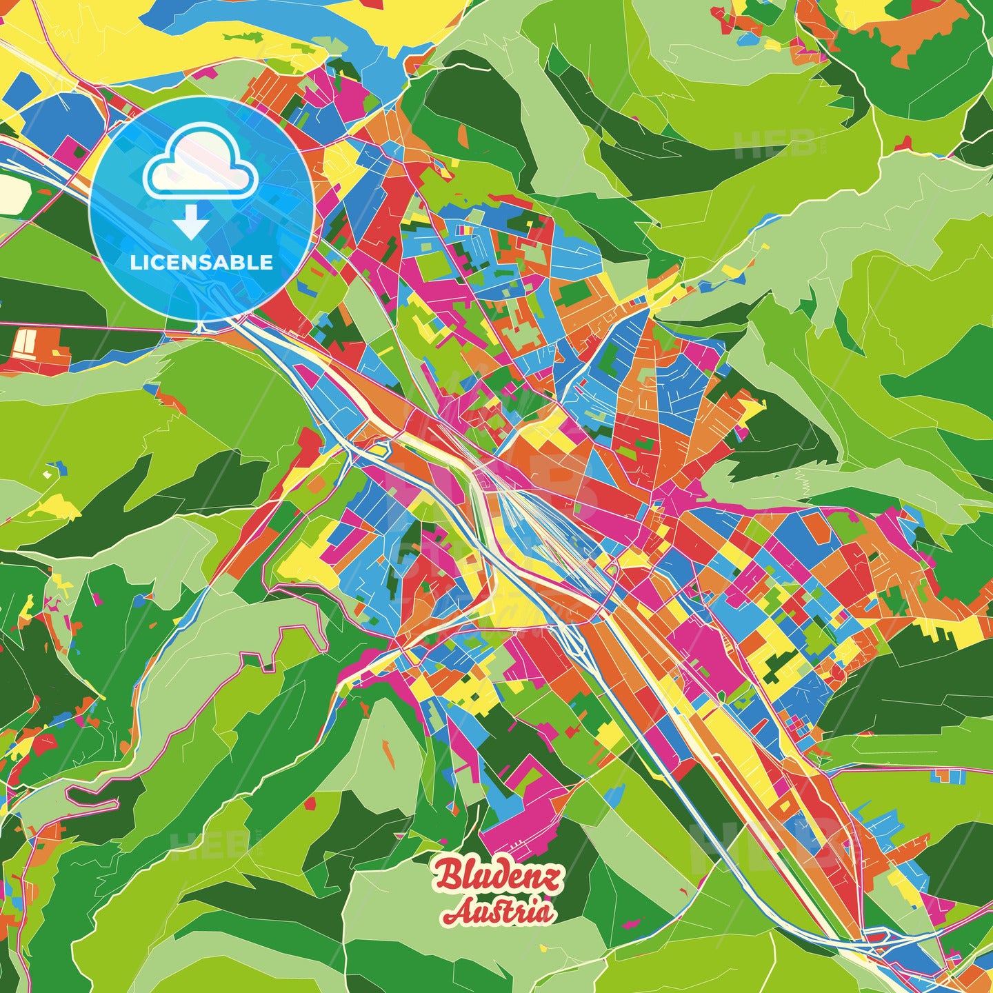 Bludenz, Austria Crazy Colorful Street Map Poster Template - HEBSTREITS Sketches