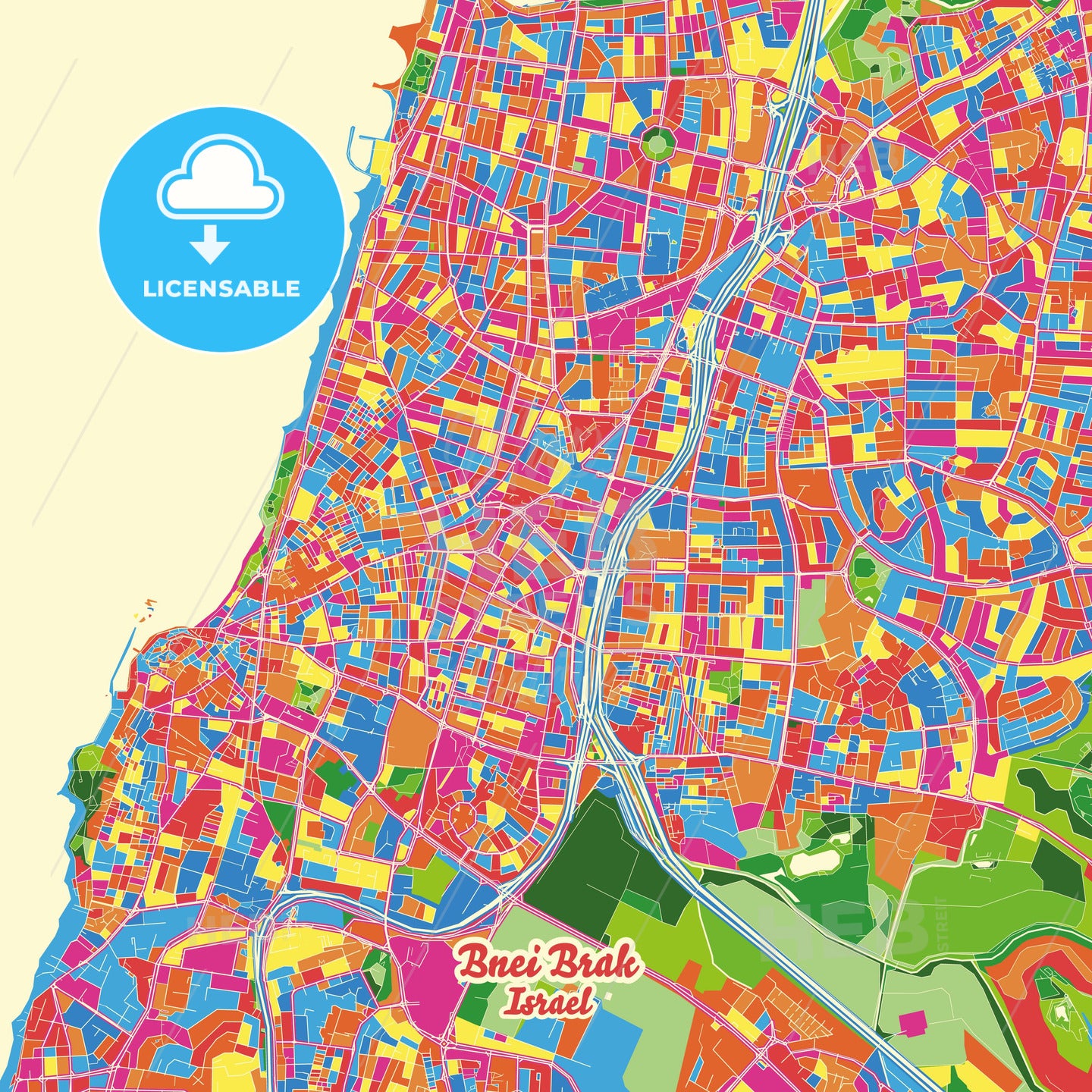 Bnei Brak, Israel Crazy Colorful Street Map Poster Template - HEBSTREITS Sketches