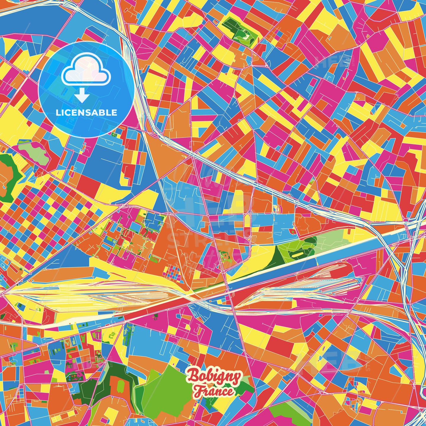 Bobigny, France Crazy Colorful Street Map Poster Template - HEBSTREITS Sketches
